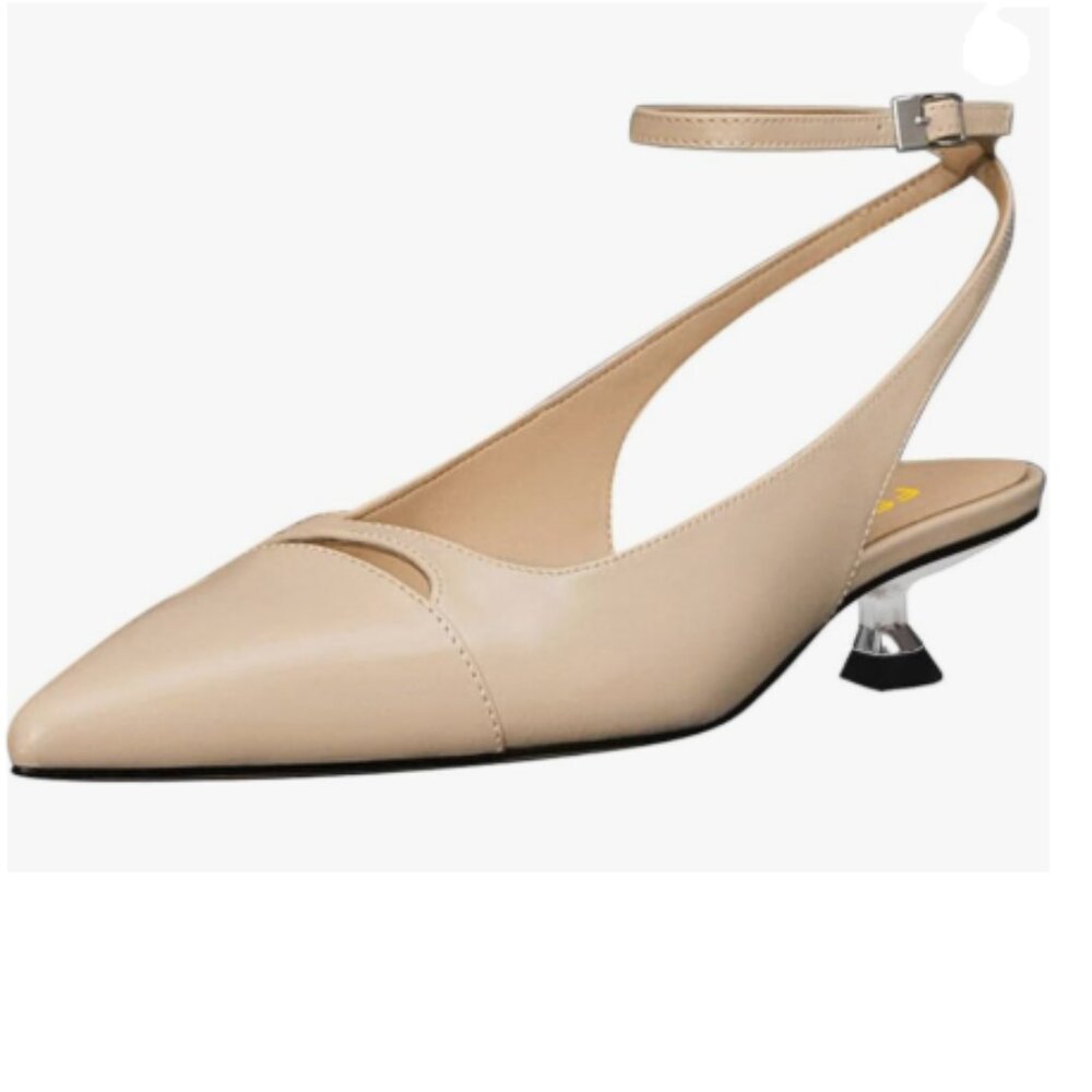 FSJ Nude Low Heel Ankle Strap Pumps Pointed Toe Slingback Sandal Elegant Shoes
